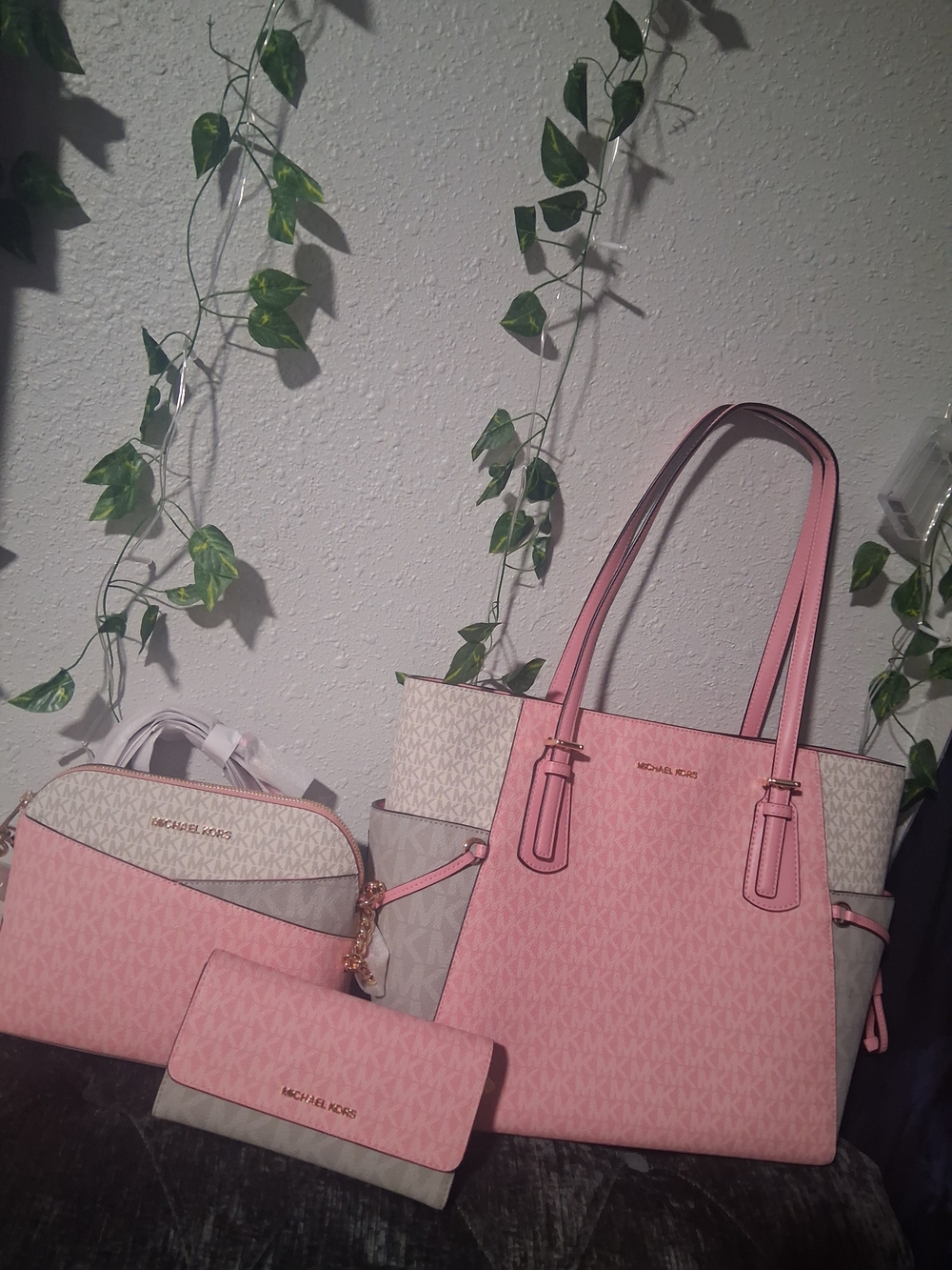 Michael Kors Pink and Cream Signature Tote Set
